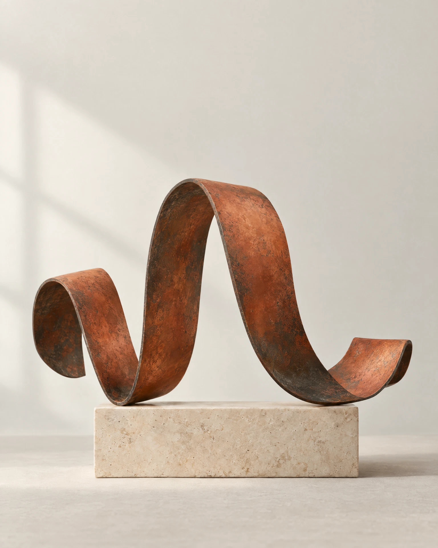 An abstract copper signal sculpture in a quiet ivory studio